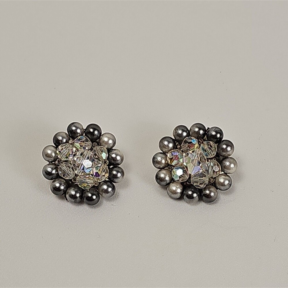 Vintage AB Crystal Gray Faux Pearl Cluster Clip On Earrings 1 Inch